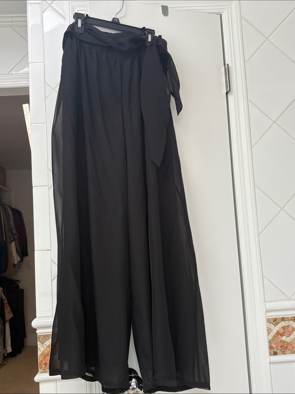 The Pyramid Collection Black Sheer Wide-Leg Pants with Waist Tie worn once